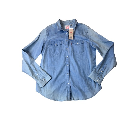 Levi's Tops - Levis Womens Tailored Fit Western Denim Shirt Light Wash Blue Snap Front XL